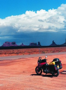 The author’s BMW F650 fears not the gathering rain clouds in Monument Valley.
