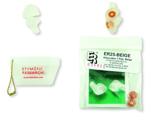 1. Audiologist-created solid custom plugs, 2. Audiologist-created Etymotic Musician Plugs with 15 dB filter installed, 3. Etymotic carry case, 4. Etymotic Attenuator 25 dB