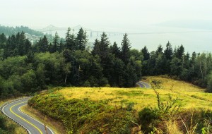 The view from the base of the Astoria Column. The four-milelong bridge in the background connects Oregon and Washington. The ride up the twisty road to the Column is half the fun.