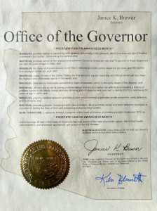 Official proclamations like this one from Arizona Governor Janice Brewer were among the public awareness goals of the Prostate Cancer Pony Express. (Photo courtesy PCAP)