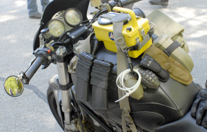The motorcycles have been equipped with a variety of special tools and weaponry.