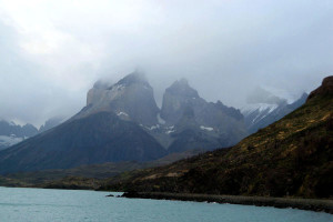 Clouds obscure the Cuernos del Paine.