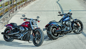 Harley designers wanted to show a lot rubber for a tough, muscular look; 130mm up front, 240mm rear.
