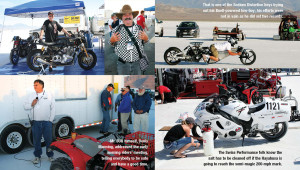 Top Right: Englishman Alan Cathcart is standing behind the all-new Norton 961, on which he set a new Production Pushrod record at 129.191 mph. Top middle: Mike Wozniak, or Woz to the world, was the track announcer, dressed in his best checkered-flag outfit—along with his checkered fingernails.