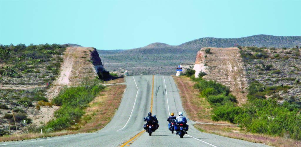 Riding the Texas Pecos Trail along U.S. 90 in West Texas. The trail covers over 1,300 miles from San Antonio to the west and northwest through the Trans Pecos Region, a 22-county region in West Texas.