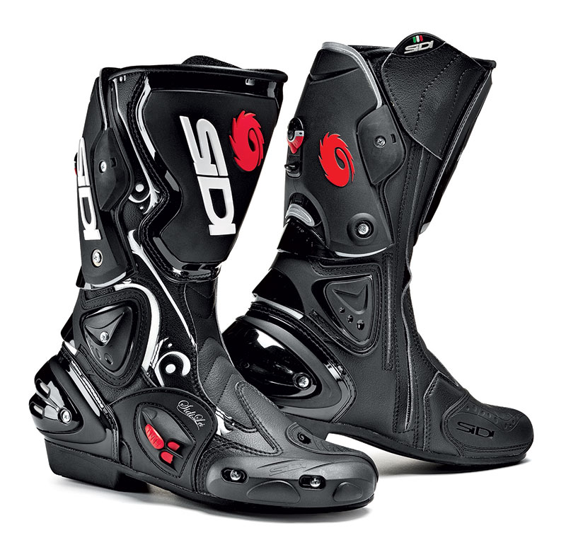 Italian manufacturer Sidi is known for making some of the finest boots around, so I went with the female-specific Vertigo Lei. These track and sport bike-oriented boots have replaceable heel cups, toe sliders, and ankle and calf protectors, and a closure system that allows for a customized fit. Vents on the sides of the foot slide open or closed, and a reinforced shank in the sole gives added support when weighting the pegs.