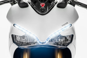 The SuperSport's front fairing looks similar to the Panigale's, but it features a unique large LED Daytime Running Light.