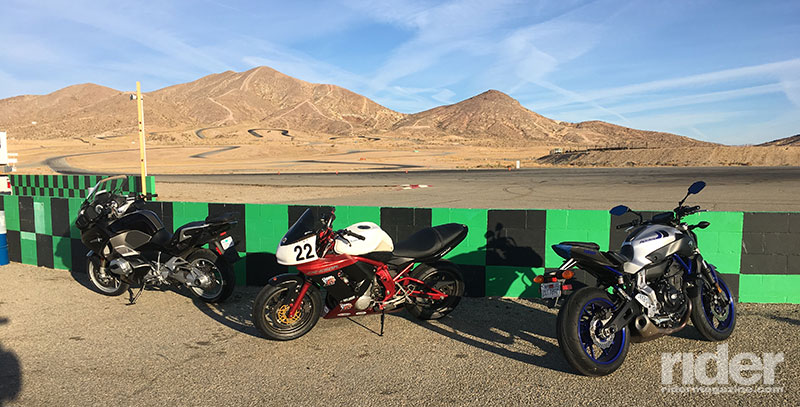 CLASS isn’t a racing school—it focuses on applying racing techniques to street riding. Students bring all kinds of bikes to school, from sport tourers to cruisers to sport bikes, and even adventure bikes. The author’s Yamaha FZ-07 is on the right.