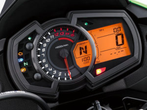 The Kawasaki Versys-X 300 has an analog tach and an LCD display with gear position, speed, clock, fuel level, trip/odo and more.