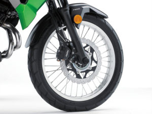 The Kawasaki Versys-X 300 rolls on spoked 19-inch front and 17-inch rear wheels. ABS is optional.