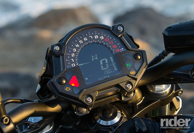 A trick new digital display replaces the aged design used on the 2016 Ninja 650. The rider can customize the digital tachometer sweeper with three different looks.