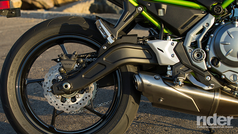 A new gullwing swingarm is 6 pounds lighter than the one used on the 2016 Ninja 650. 
