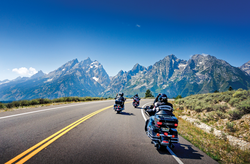 group motorcyclist in mountains