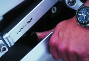 Two-position rear spring preload is controlled with this convenient lever down on the left.