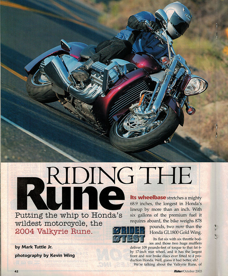 First page of the 2004 Honda Valkyrie Rune road test from the October 2003 issue of Rider magazine. (Photo by Kevin Wing)