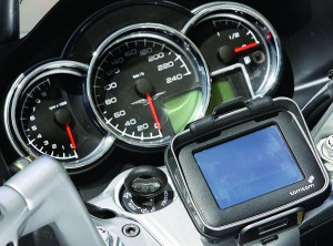Dash features classic chromed round bezels clashing somewhat with the square LED. Tom Tom satellite navigation is on the Guzzi options list.