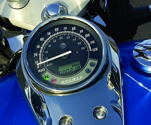 When wearing a full-face helmet you’ll need to look down to read the speedometer in the chrome tank-mounted instrument housing.