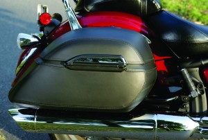 Leather-wrapped saddlebags work great for getting groceries!