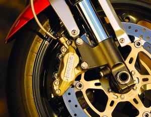Dual Brembo four-piston calipers haul the Griso down with fade-free power.