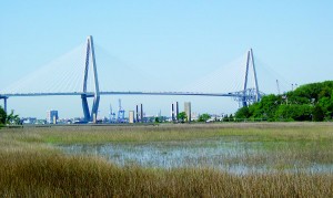 The Arthur Ravenel, Jr. Bridge, the longest cable-stayed bridge that carries a roadway in North America, dominates the Charleston skyline. The old bridge is being demolished and you can see some of the remains on the right and bottom.
