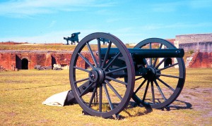 A cannon rests after years of combat in the courtyard at Fort Clinch.