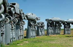 Carhenge at Alliance, Nebraska, is the site of old cars painted gray arranged in an exact duplicate of Stonehenge in England.