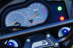 Engine redline is higher this year at 7,100 rpm. Gauges are large, clear and easy-to-read, and include an LCD display with clock, two tripmeters and reserve odometer.