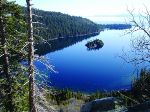 Lake Tahoe’s Emerald Bay and surrounding mountains.