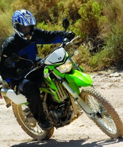 Suspension upgrades and Dunlop dual-sport tires make the KLX a pleasure to ride on rough roads.