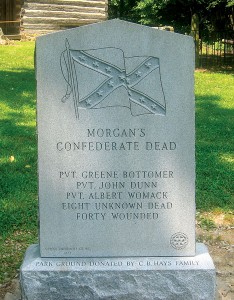 The historical marker for Morgan’s Raid in Corydon.