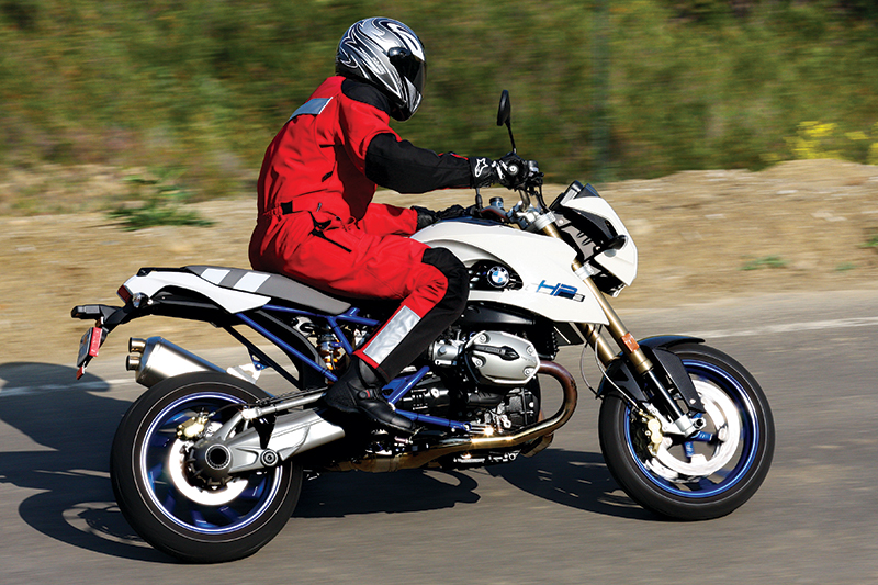 Aerostich Roadcrafter Suit on a BMW HP2 Megamoto