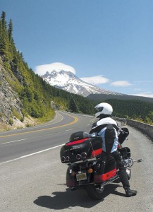 Rider looking at Mount Hood.