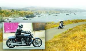 Background: Cruising the Pacific Coast in Northern California, the Muscle trundles along with ease. Inset: Step at rear of seat holds the rider in place during hard acceleration, but the seating position is uncomfortable.