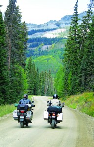 Dave (left) and Mark (right) cruise down Kebler Pass Road through the West Elk Mountains.