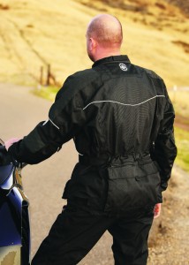 The backside of the BMG Discovery motorcycle jacket