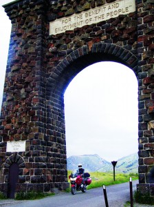 The famous stone arch portal at the north entrance to Yellowstone National Park at Gardiner, dedicated by Teddy Roosevelt in 1903.