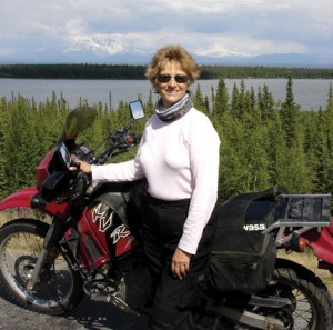 The author and her KLR near Mount Wrangell.