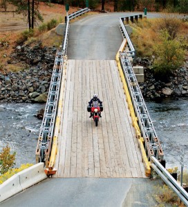 Crossing the Nicola River on a wooden bridge