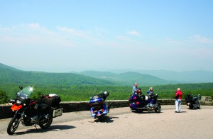 We were on the Blue Ridge Parkway for 15 miles and stopped at Chestoa View, where some other motorcyclists were parked to get a hazy look at Table Rock Mountain.