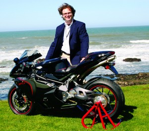 Larry Ferraci, importer of the MV Agusta marque, stands rather close to the cliff with the $120,000 F4 CC.
