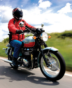 The author riding the 2008 Triumph 50th Anniversary Bonneville. When he purchased a 1960 Bonneville, Clem flew to England and picked it up at the factory.