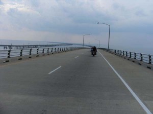 Riding across the 20-mile Chesapeake Bay Bridge.