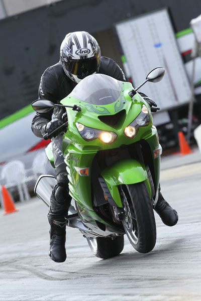 2012 Kawasaki Ninja ZX-14R: New traction control helps keep the front wheel close to the ground on hard launches.