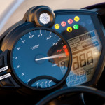 2012 Yamaha YZF-R1: The R1's instrument panel includes an analog tach, LCD display with new TCS level, indicator lights (including TCS actuation) and a large shift light.