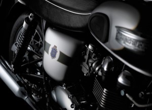 The 110th Anniversary 2012 Limited-Edition Bonneville T100 include a reinterpretation of the original Triumph crest on the bike's side covers.