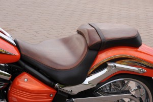 Star Raider SCL: Brown leather on the two-tone seat is distressed and the SCL logo is embroidered on the passenger portion.