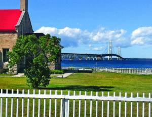 The Straights of Mackinac bridge soars over the junction of Lakes Michigan and Huron. Steel decking and gusty crosswinds make for a white-knuckle crossing.