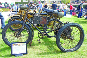 Unrestored 1899 De Dion-Bouton Peugeot trike featuring one of the first practical gasoline “explosion motors.” Owned and occasionally ridden by Larry Feece. Third place in Preservation Class.