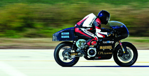 Brian Richardson setting the ECTA land speed record at the Maxton Mile on his rookie run into a head wind. (Photo by David Whealon)