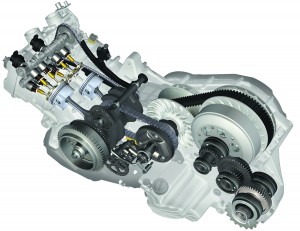 Powertrain is seen quite clearly in this illustration—crank, primary chain, CVT, clutch, output.
